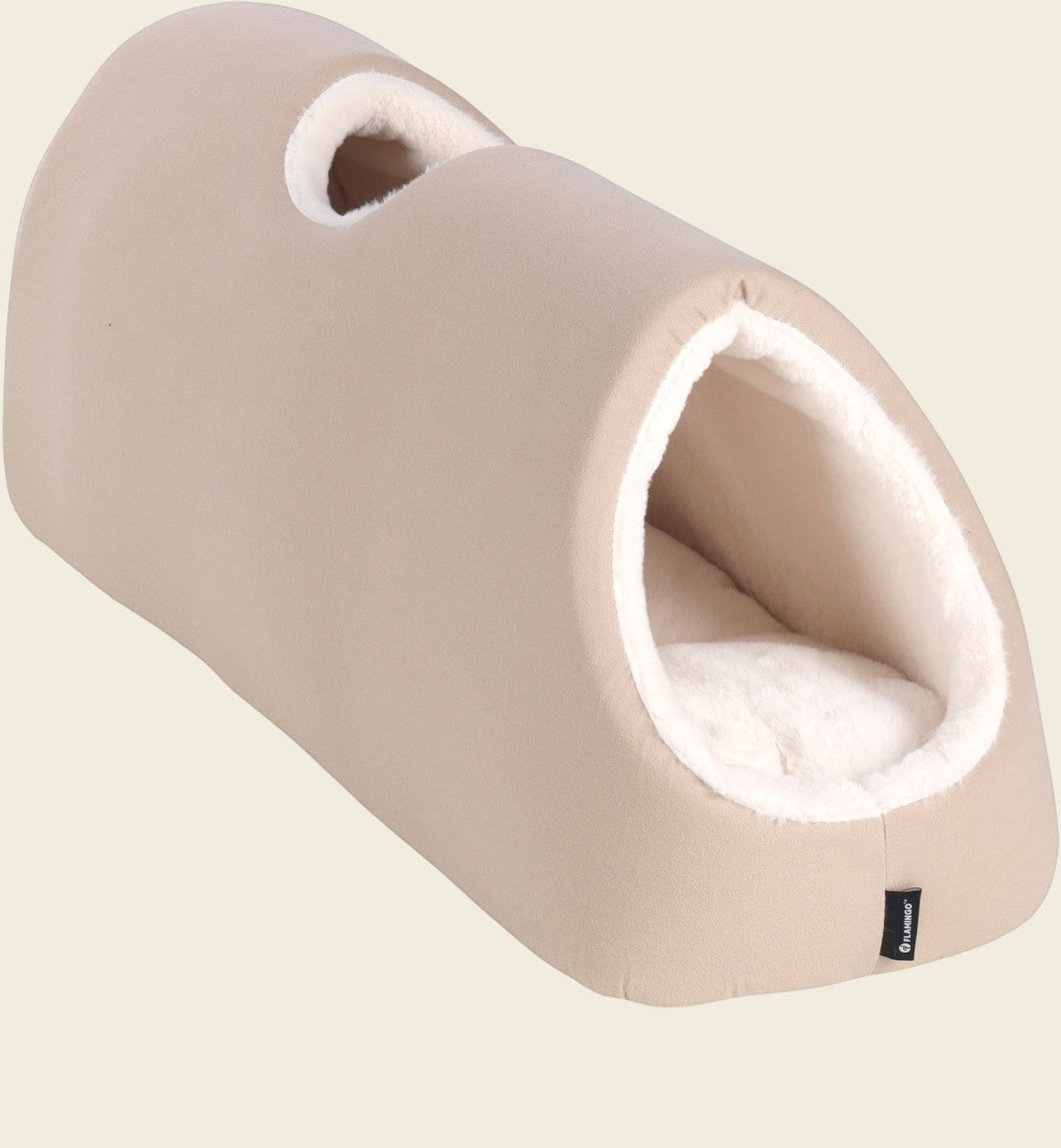 Tunnel de couchage pour chat Animozen en peluche et tissu beige avec deux entrées et coussin amovible.