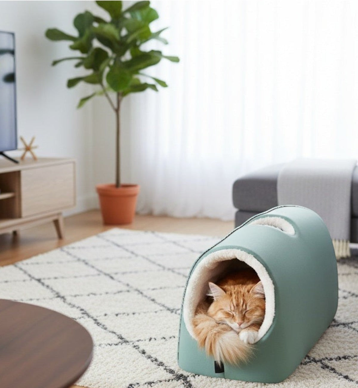 Animozen tunnel de couchage vert pour chat avec coussin intérieur peluche, 2 entrées, 75x25x25cm
