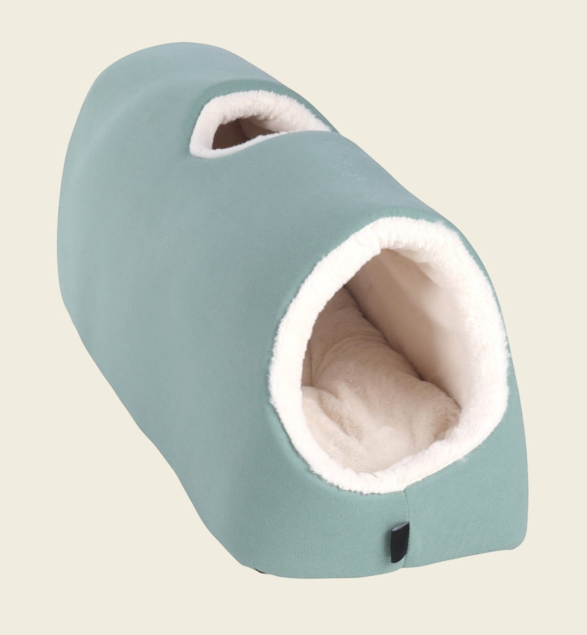 Animozen tunnel de couchage vert en tissu et peluche pour chat, avec coussin amovible et deux entrées.